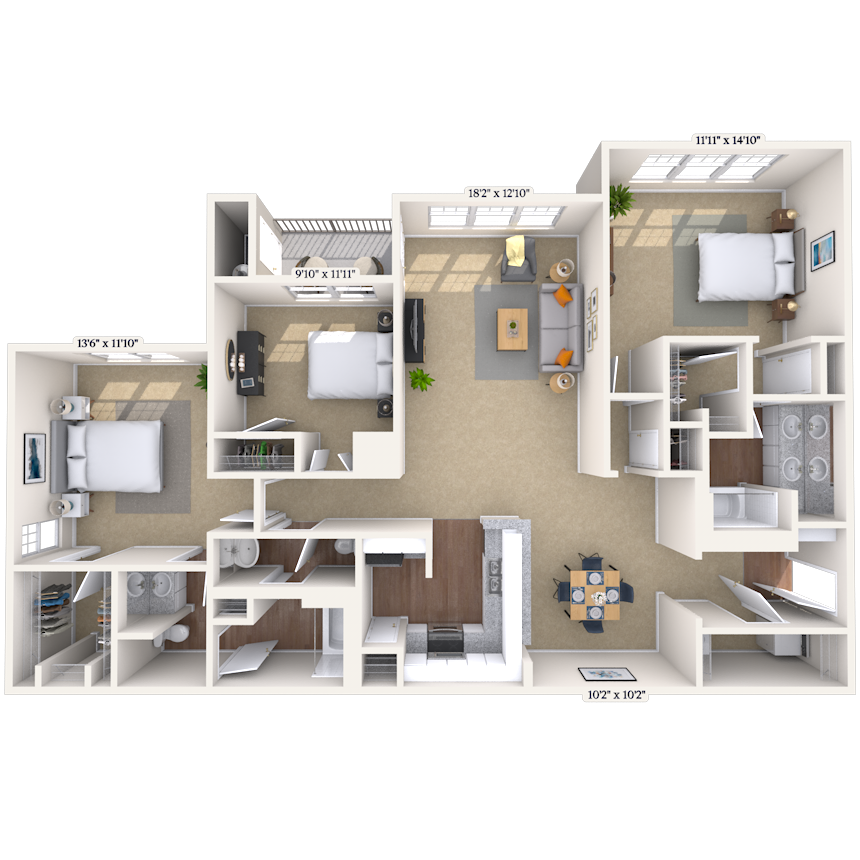 Floor plan for 3 beds, 2 baths, 1582 sqft