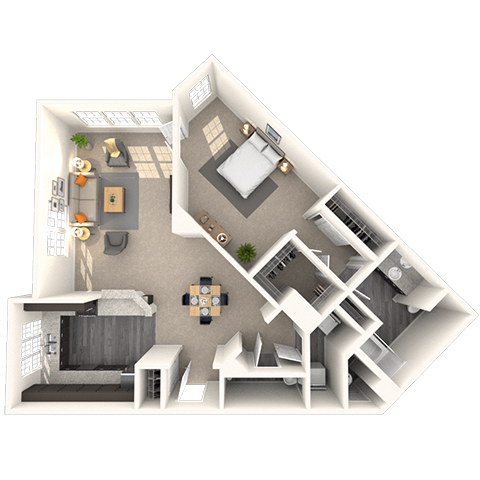 Floor plan for 1 bed, 1.5 baths, 859 sqft