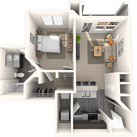 Floor plan for 1 bed, 1 bath, 595 sqft