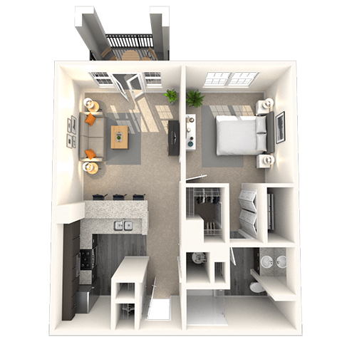 Floor plan for 1 bed, 1 bath, 667 sqft