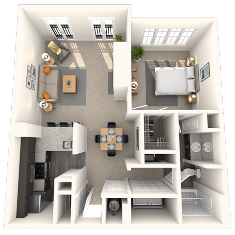Floor plan for 1 bed, 1 bath, 779 sqft