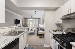 Atlanta apartment for rent - A kitchen with a black stove top oven and a marble counter top.