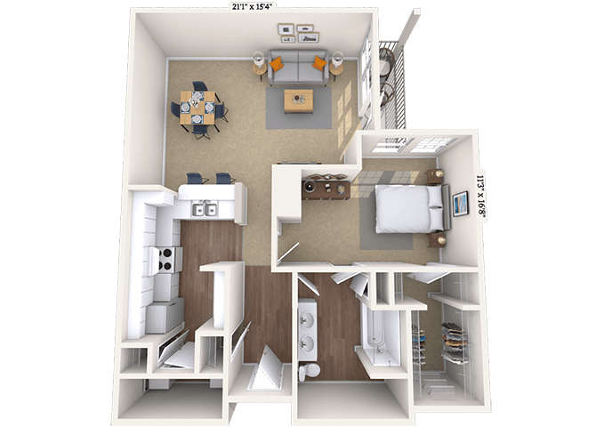 Floor plan for 1 bed, 1 bath, 961 sqft
