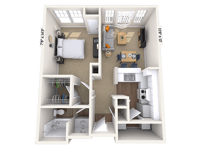 Floor plan for 1 bed, 1 bath, 880 sqft