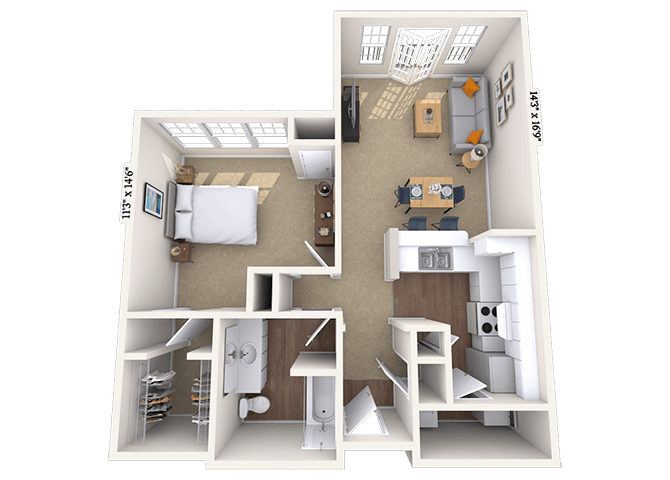 Floor plan for 1 bed, 1 bath, 814 sqft