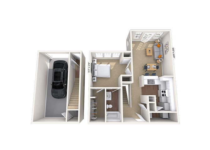 Floor plan for 1 bed, 1 bath, 840 sqft