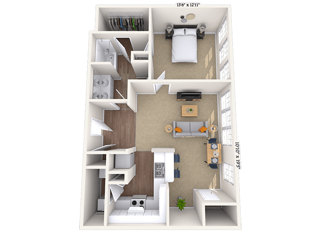 Floor plan for 1 bed, 1 bath, 850 sqft