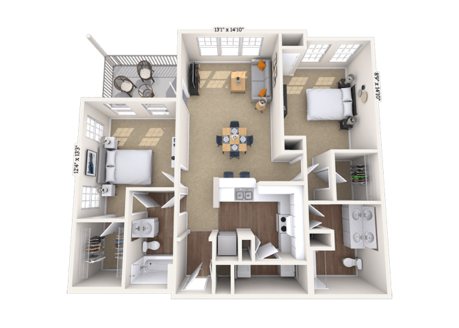 Floor plan for 2 beds, 2 baths, 1136 sqft