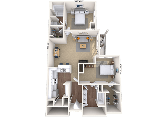 Floor plan for 2 beds, 2 baths, 1214 sqft
