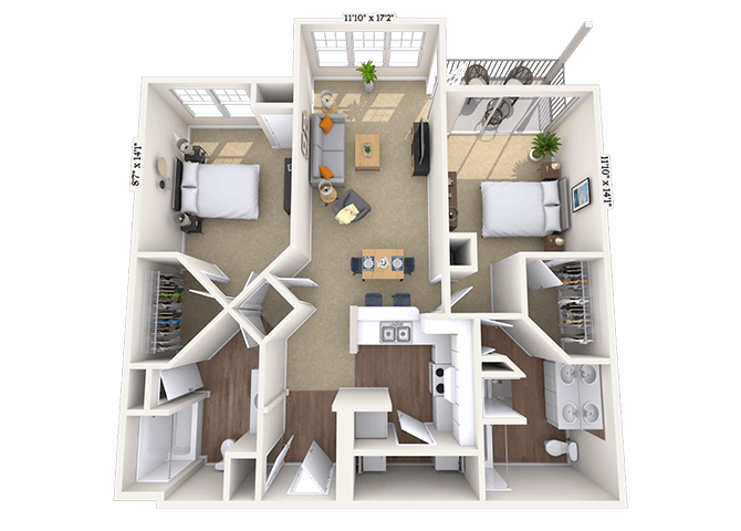 Floor plan for 2 beds, 2 baths, 1274 sqft