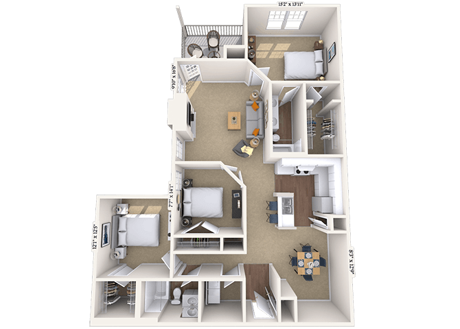 Floor plan for 3 beds, 2 baths, 1544 sqft
