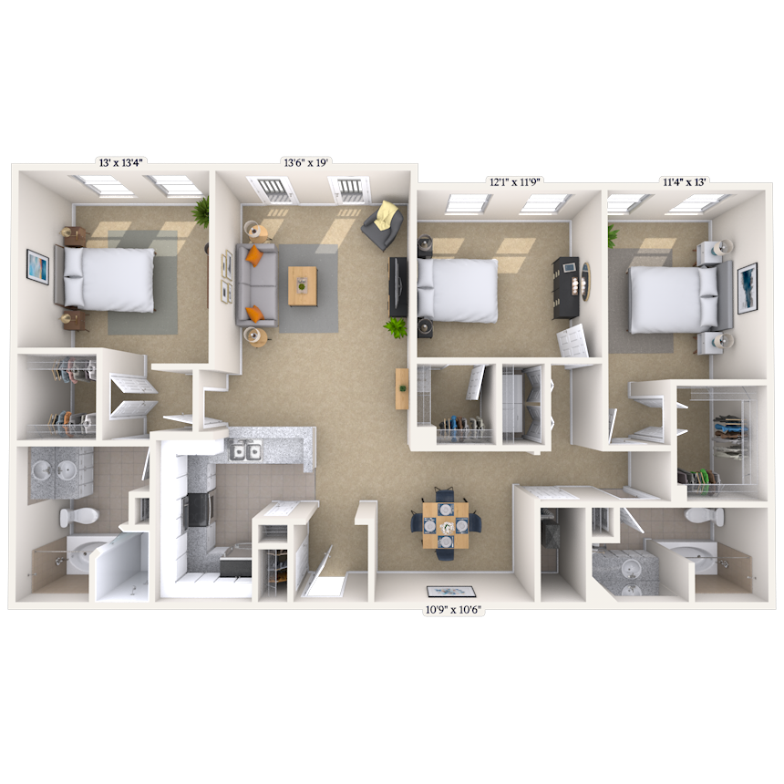 Floor plan for 3 beds, 2 baths, 1520 sqft
