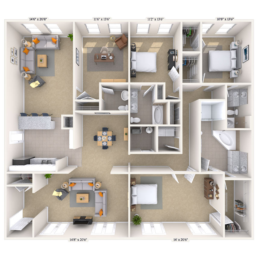 Floor plan for 3 beds, 3.5 baths, 2500 sqft