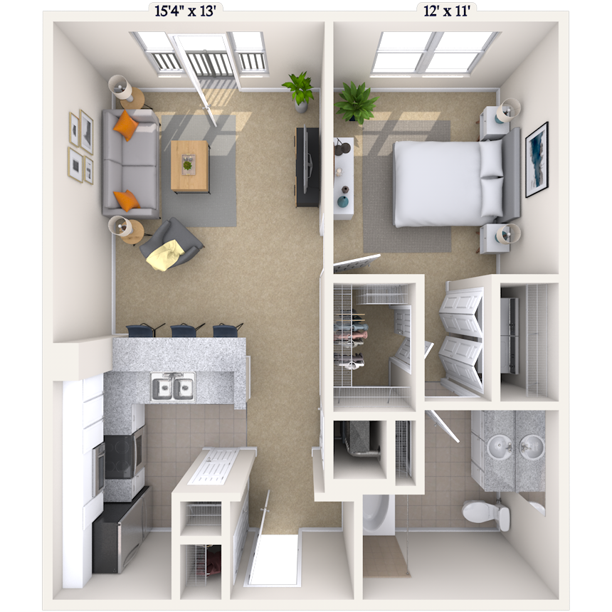 Floor plan for 1 bed, 1 bath, 834 sqft