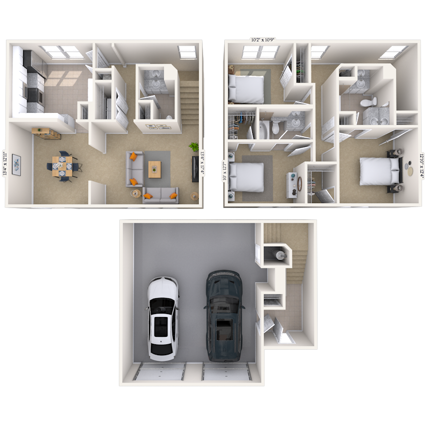 Floor plan for 3 beds, 2.5 baths, 1543 sqft