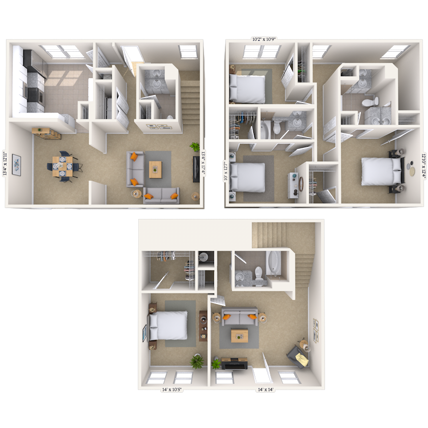 Floor plan for 4 beds, 3.5 baths, 1501 sqft