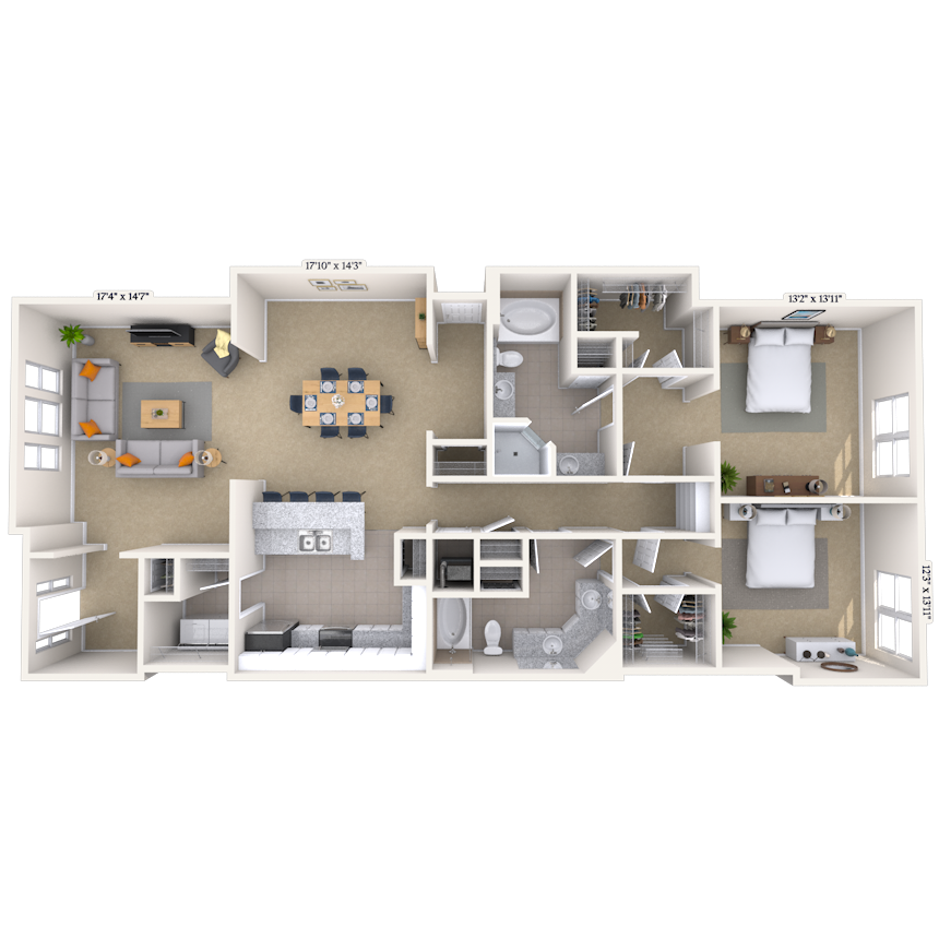 Floor plan for 2 beds, 2 baths, 1540 sqft