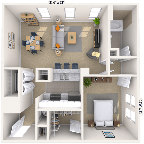 Floor plan for 1 bed, 1 bath, 768 sqft