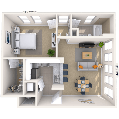 Floor plan for 1 bed, 1 bath, 633 sqft