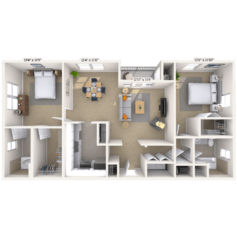 Floor plan for 2 beds, 2.5 baths, 1024 sqft