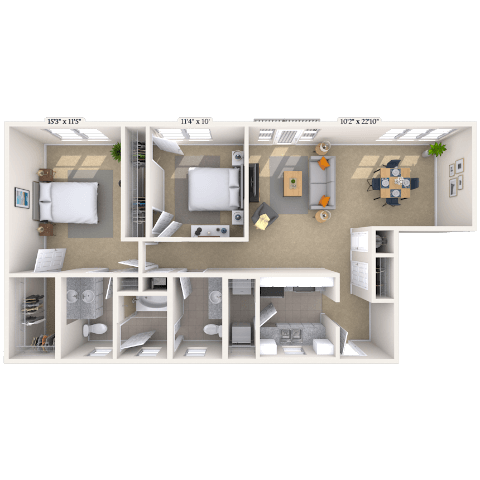 Floor plan for 2 beds, 1.5 baths, 1024 sqft