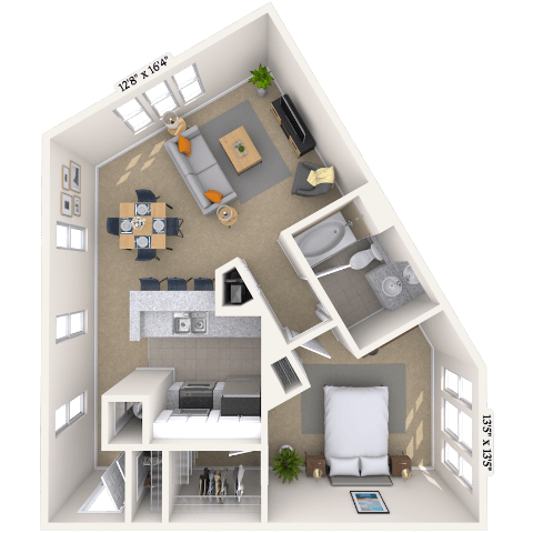 Floor plan for 1 bed, 1 bath, 681 sqft