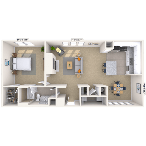 Floor plan for 1 bed, 1 bath, 827 sqft