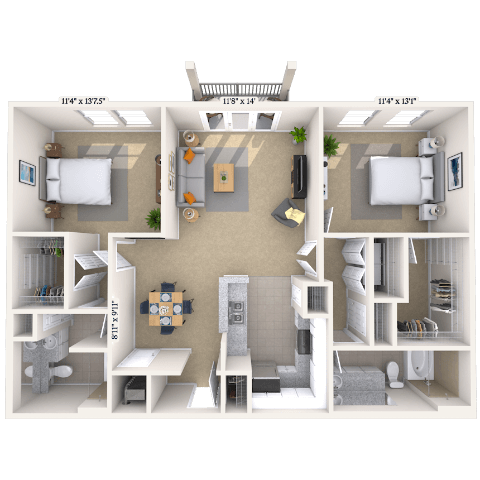 Floor plan for 2 beds, 2 baths, 1151 sqft