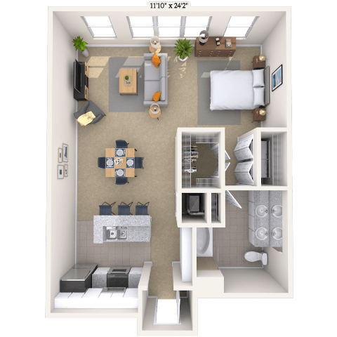 Floor plan for studio, 1 bath, 735 sqft