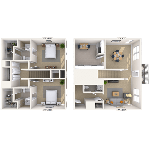 Floor plan for 2 beds, 2.5 baths, 1324 sqft