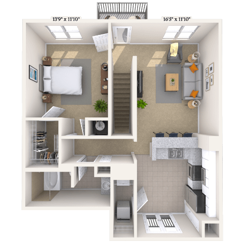 Floor plan for 1 bed, 1 bath, 859 sqft
