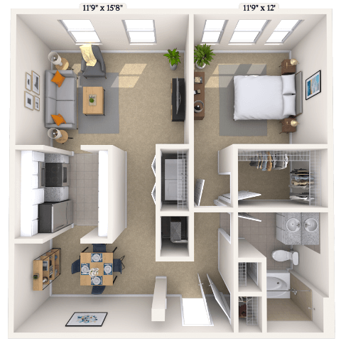 Floor plan for 1 bed, 1 bath, 843 sqft