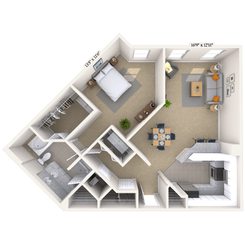Floor plan for 1 bed, 1 bath, 946 sqft