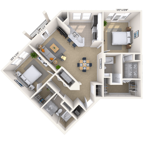 Floor plan for 2 beds, 2 baths, 1152 sqft