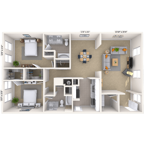Floor plan for 2 beds, 2 baths, 1267 sqft