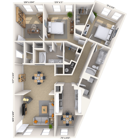 Floor plan for 2 beds, 2.5 baths, 1475 sqft
