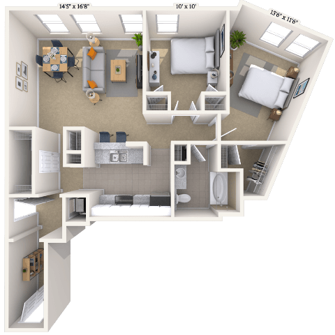 Floor plan for 2 beds, 1 bath, 1055 sqft