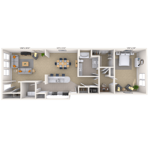 Floor plan for 1 bed, 1 bath, 1295 sqft