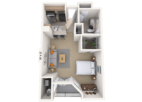 Floor plan for studio, 1 bath, 491 sqft