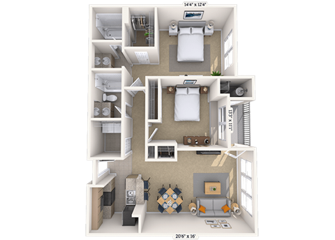 Floor plan for 2 beds, 2 baths, 1072 sqft