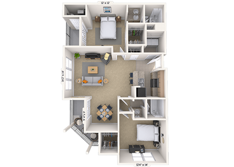 Floor plan for 2 beds, 2 baths, 1150 sqft