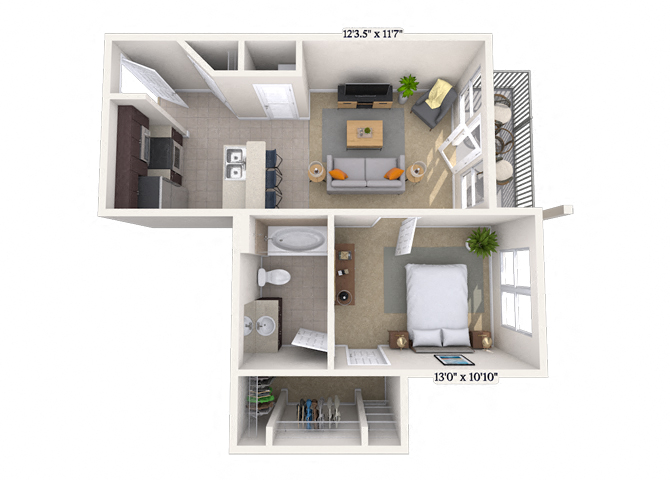 Floor plan for 1 bed, 1 bath, 567 sqft