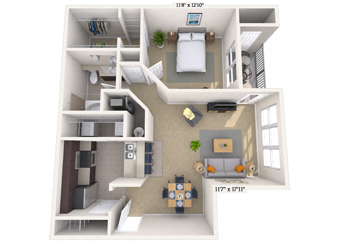 Floor plan for 1 bed, 1 bath, 791 sqft