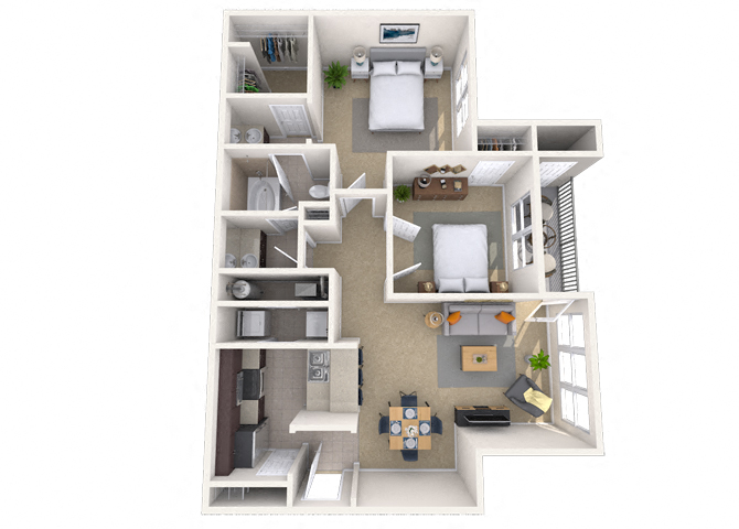 Floor plan for 2 beds, 1 bath, 996 sqft