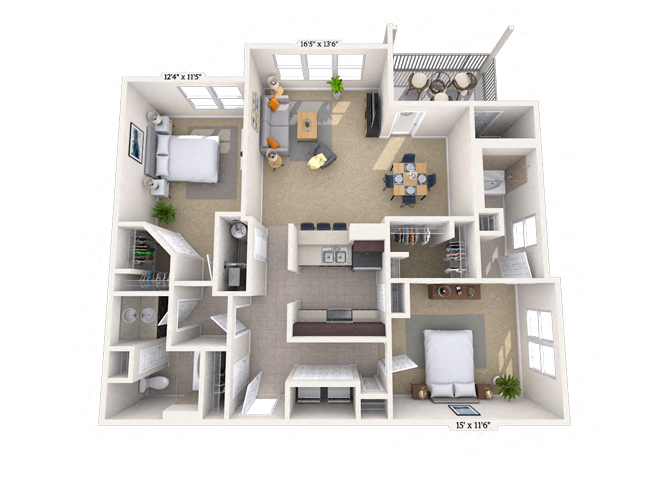 Floor plan for 2 beds, 2 baths, 1333 sqft