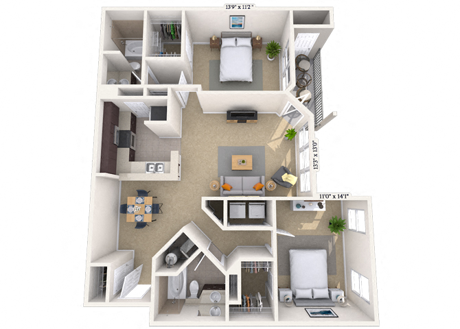 Floor plan for 2 beds, 2 baths, 1140 sqft