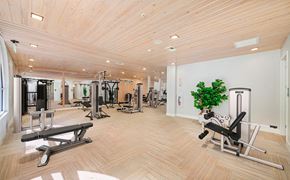 Tampa apartment for rent - a gym with cardio machines and weights on a wooden floor