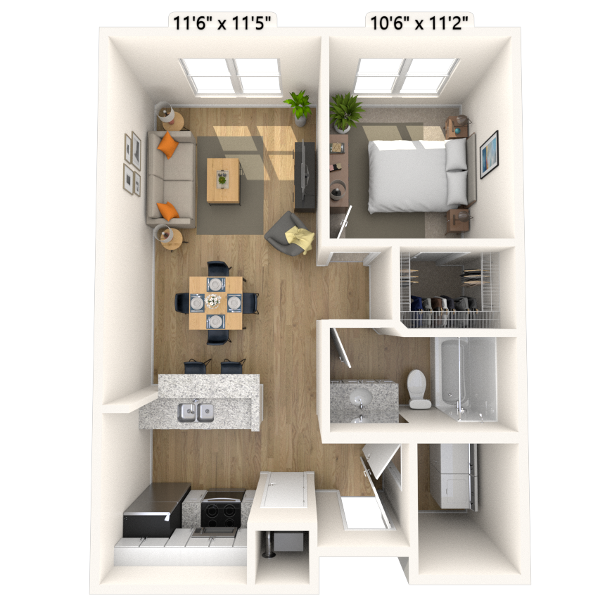 Floor plan for 1 bed, 1 bath, 676 sqft