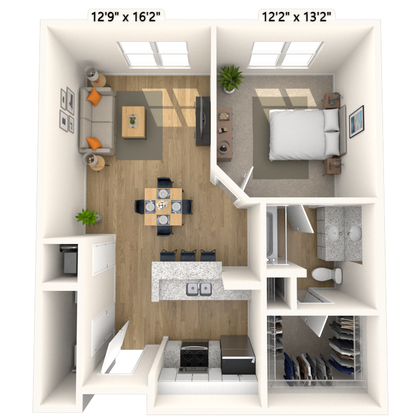 Floor plan for 1 bed, 1 bath, 761 sqft