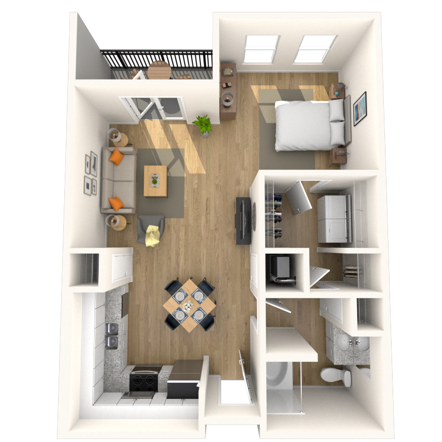 Floor plan for 1 bed, 1 bath, 749 sqft